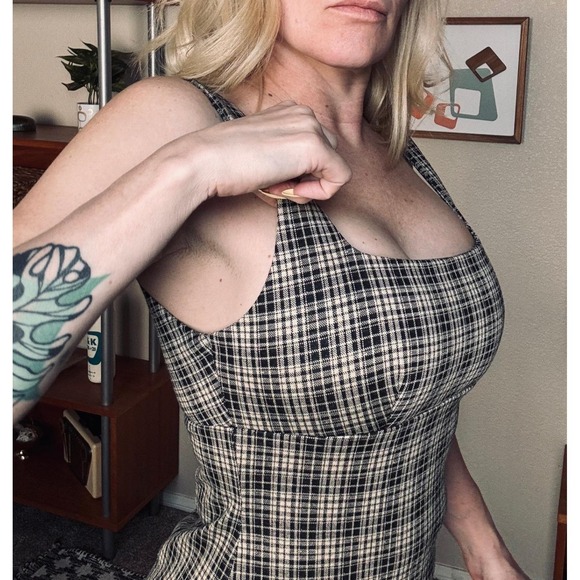 Pink Lily Plaid Mini Dress Square Neck Rachel Green Friends Style Small - Picture 5 of 6